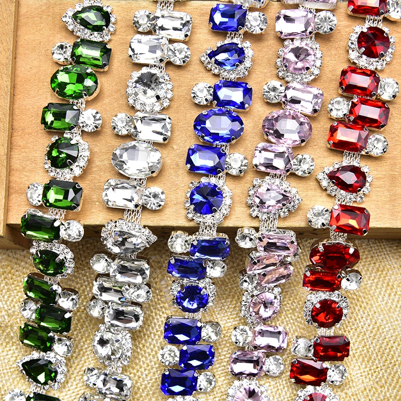 Mix Different Shape Rhinestone Silver Cup Chain Crystal Trim Metal Ribbon Necklace Decoration Wedding Dress Clothing Accessories