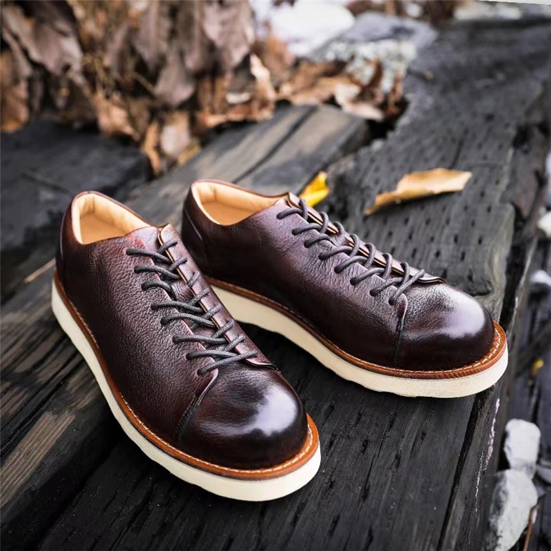 Goodyear Handmade Top Quality Men Casual Shoes Vintage British Cow Leather Dress Ankle Boots Tooling Loafers Lace-up Breathable