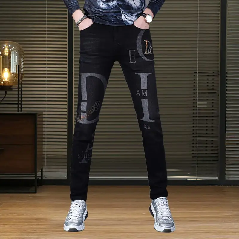 Men’s High Quality Prints Stretch Denim Pants,Light Luxury Diamond Embroidery Slim-fit Black Jeans,Street Fashion Casual Jeans;