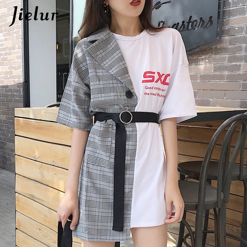 Jielur Patchwork Women Tshirts Fake Two Pieces Sashes Novelty Vintage High Street Tee Female Hit Color Grace Simple Tops Femme