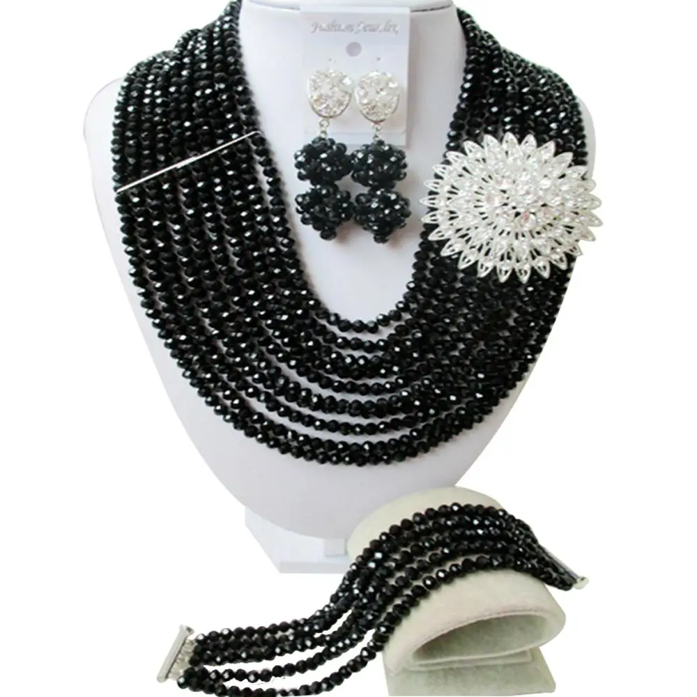 Classic Black Crystal Beads Nigeria Wedding Bridal Wedding Set African Jewelry  SJ-02