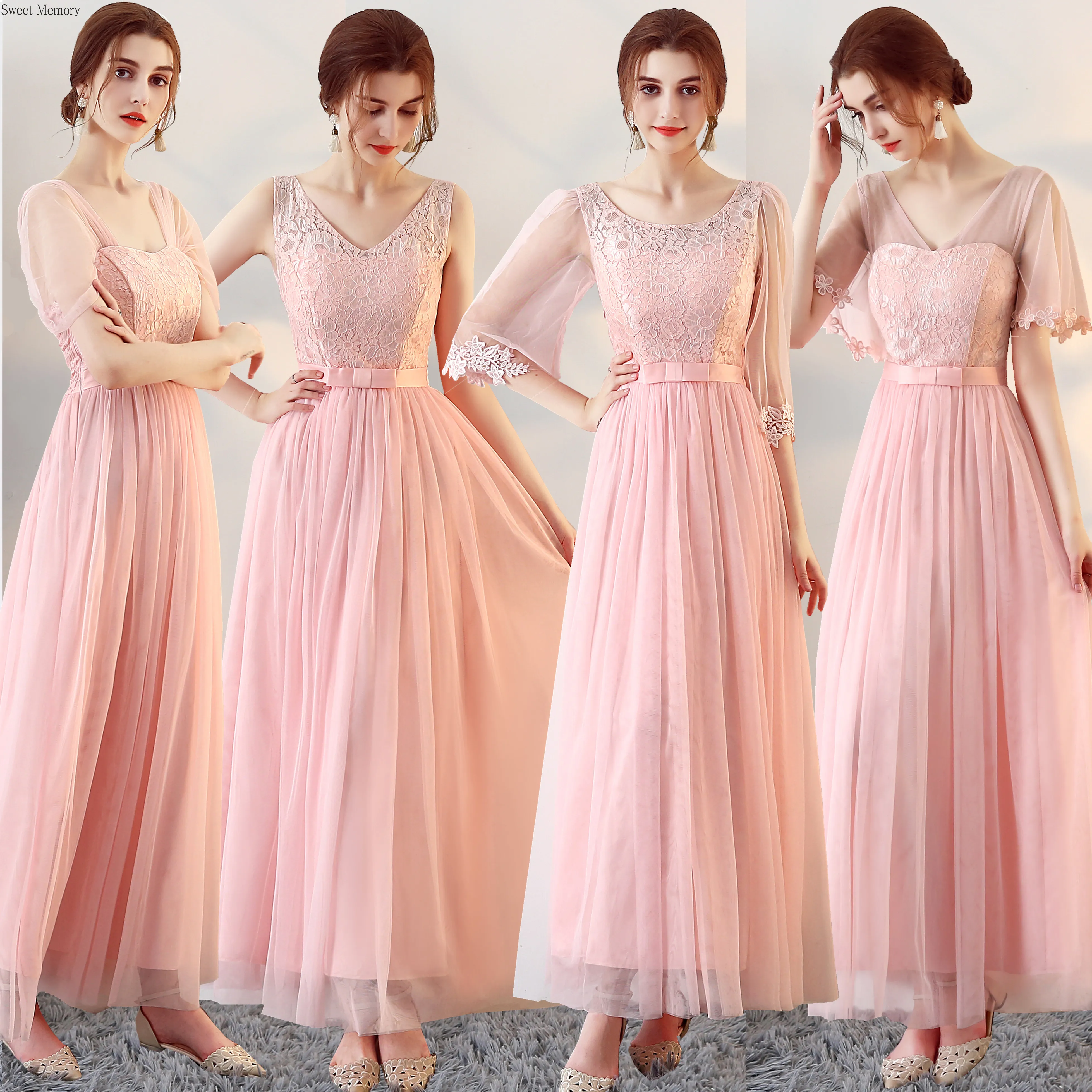 In Stock Marriage Robe Summer Pink Adult Junior Bridesmaid Dresses Graduation A-Line Mesh Lace Netting Wedding Party Dress