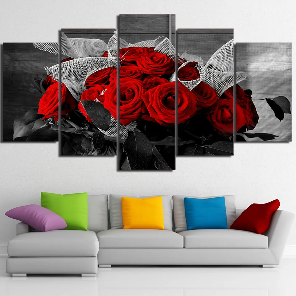 

No Framed Canvas 5Pcs Beautiful Red Roses Wall Art Posters Pictures Home Decor Paintings Decorations