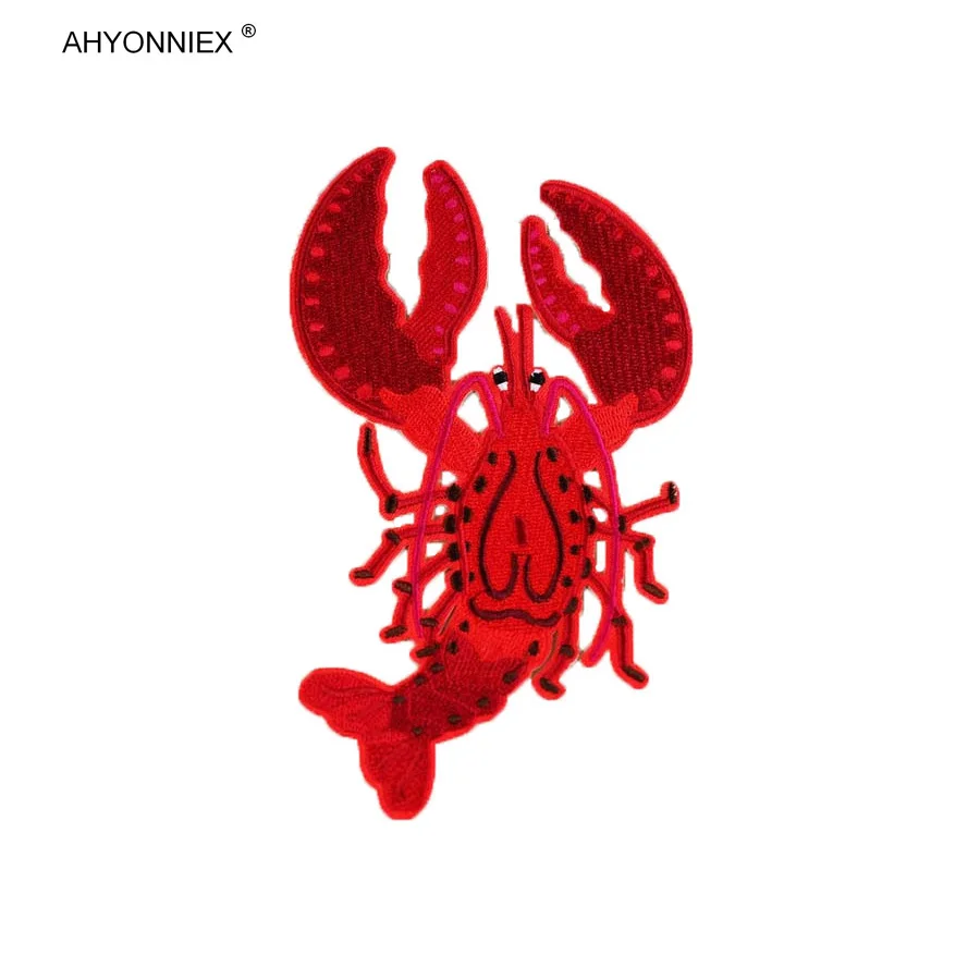 1PC embroidered Cartoon Red Color Big Size Lobster Patch DIY Fabric Stickers Fashion Cute Kids Clothes Hole Badges