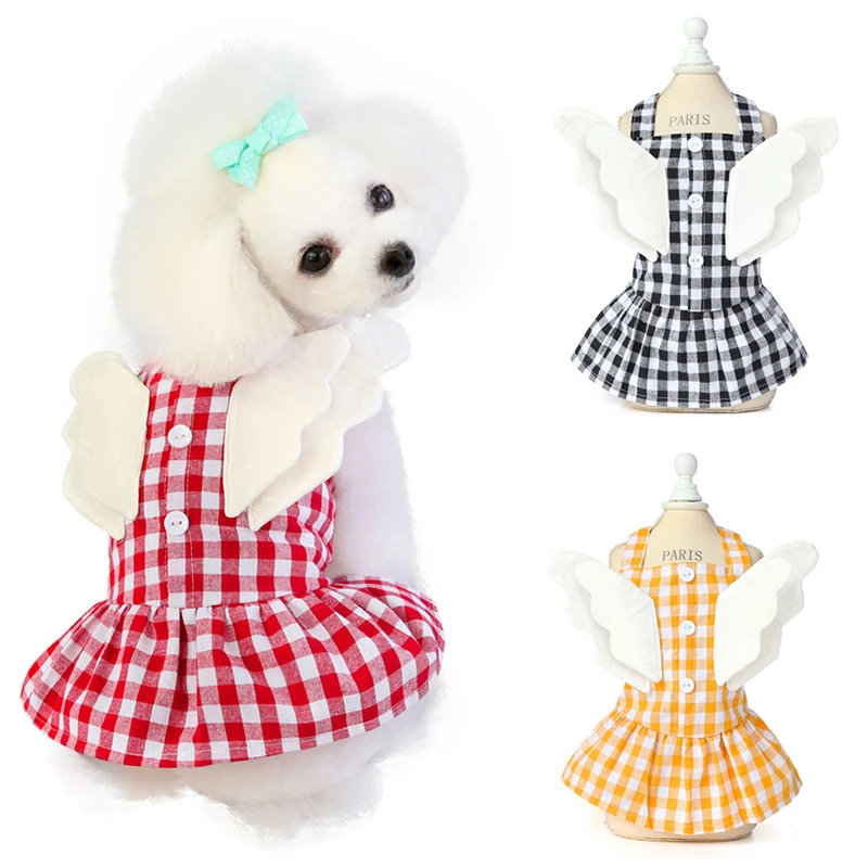 Vestido de verano con alas de Ángel para cachorros, vestidos de algodón a cuadros para mascotas, falda para gatos maltés y Yorkshire, ropa para mascotas, bata para perros