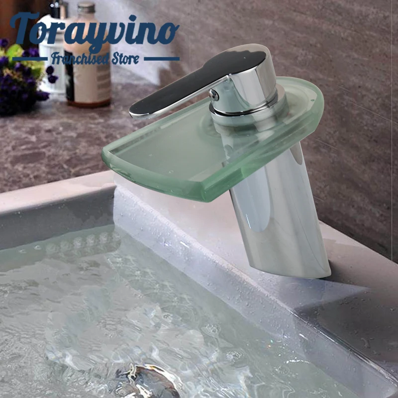 

Torayvino bath basin faucet Transparent Glass Waterfall tap grifo lavabo chrome faucets Deck Mount Sink Vessel Tap Mixer taps