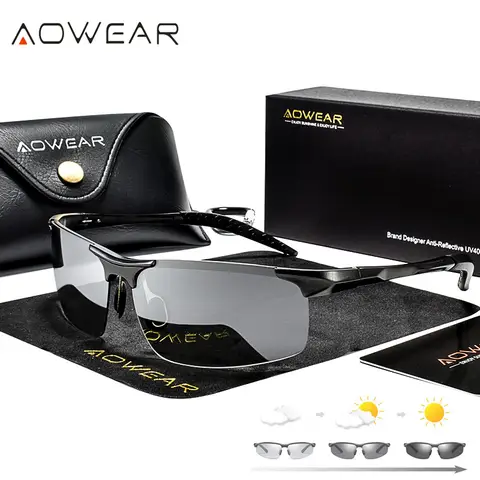 AOWEAR 알루미늄 편광 광변색 선글라스, 무테 카멜레온 안경, 남성 주간 야간 운전 선글라스, 럭셔리 품질