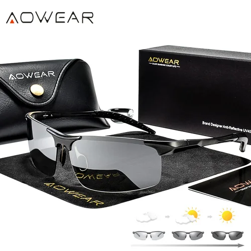 AOWEAR-gafas de sol fotocromáticas polarizadas para hombre, lentes de aluminio de calidad de lujo, sin montura, camaleón, día y noche, para conducir