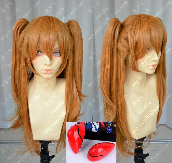 

Anime EVA Asuka Langley Soryu Long Orange With 2 Ponytail Clips Heat Resistant Hair Cosplay Costume Wig + Headwear Haripin