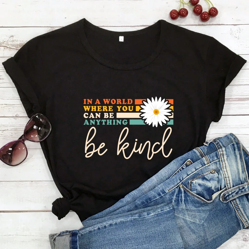 Colored in a world where you can be anything be kind T-shirt vintage Women Short Sleeve Graphic christian bible Top Tee Shirt