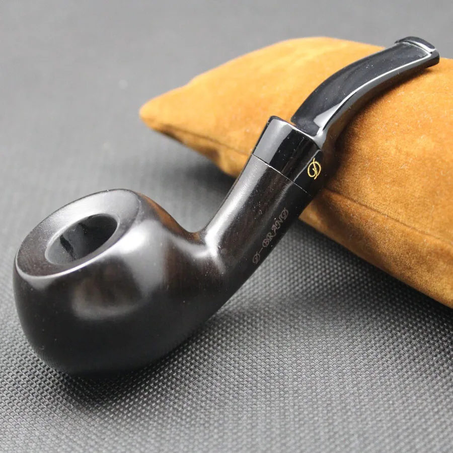 Unique Bent Handmade Nature Ebony Wood Smoking Pipe Round Tobacco Wooden Smoke Pipe Gift 10pc 9mm Filters + Pouch + Holder #410S