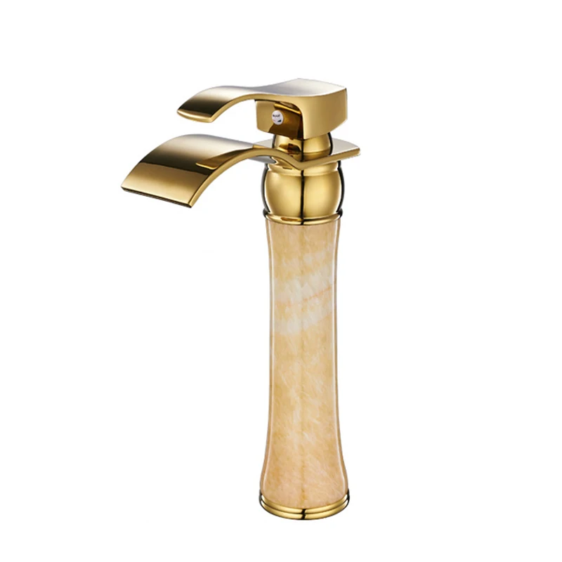 Luxury Brass Deck Mount Bathroom Golden Marble Faucets Mixers Gold Waterfall Washbasin Cold Hot Water Tap M1037