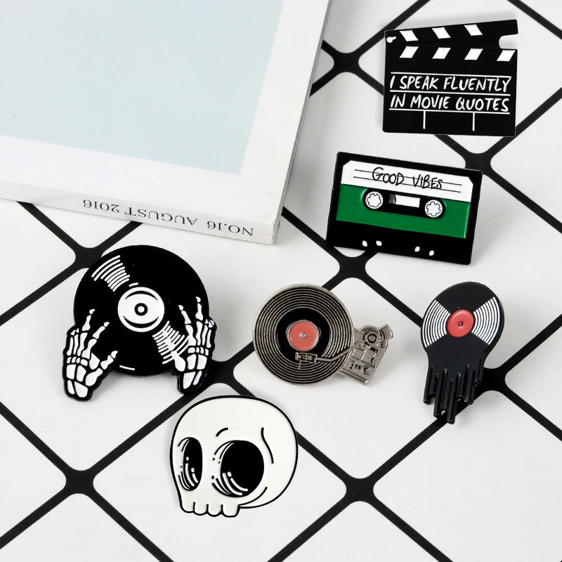Music Movie DJ Lapel Metal Pins Vinyl Records Magnetic tape Record board Brooches Badges Backpack Pins Jewelry Gifts For Friends