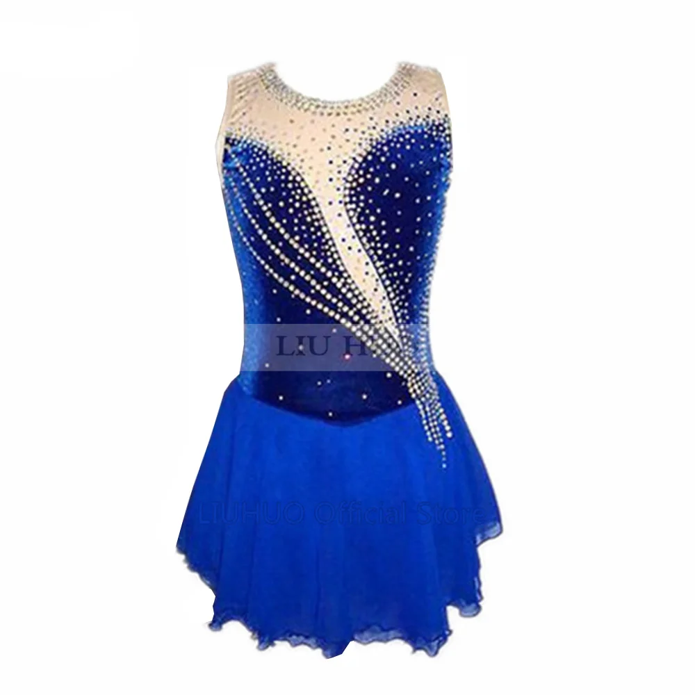 LIUHUO Women Girl Performance Roller Costume Competition Leotard Ice Figure Skating Dress Teens Dance Sleeveless Velvet Blue Red