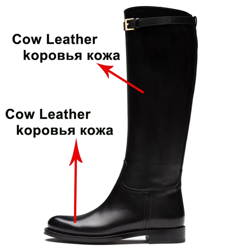 Meotina Women Genuine Leather Riding Boots Thick Low Heel Knee High Boots Round Toe Buckle Ladies Boots Autumn Winter Brown 43