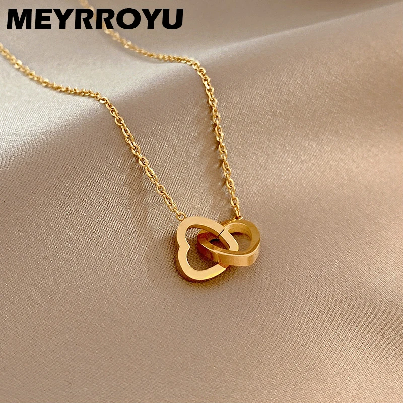 

MEYRROYU 316L Stainless Steel Double Love Heart Pendant Necklace For Women Fashion Personality Neck Chain Jewelry Valentine Gift