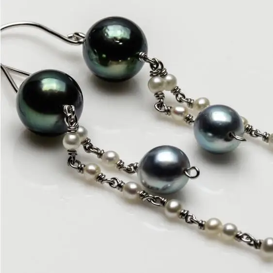 Free Shipping 8.8mm Multicolor Genuine Tahitian Pearl Akoya Pearl Drop Earrings 18k White Gold #0207