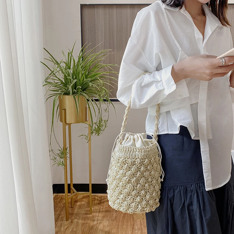 Yogodlns Sommer Stroh Umhängetasche Frauen Große Kapazität Rattan Eimer Tasche Handarbeit Gewebt Strand Tasche Mode Urlaub Handtasche Tote – Detail 12