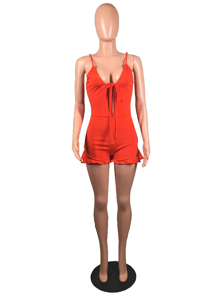 BKLD Vrouwen V-hals Spaghetti Strap Korte Jumpsuits 2019 Zomer Nieuwe Clubwear Soild Sexy Lace Up Ruches Oranje Rompertjes Vrouwen