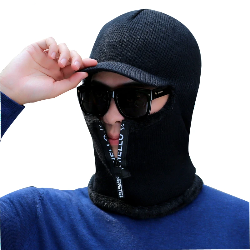 New Balaclava Winter Women Men's Skullies Wool Knitted Balaclava Cap Ninja Mask Thermal Plush Pocket Hat Unisex Snow Cap