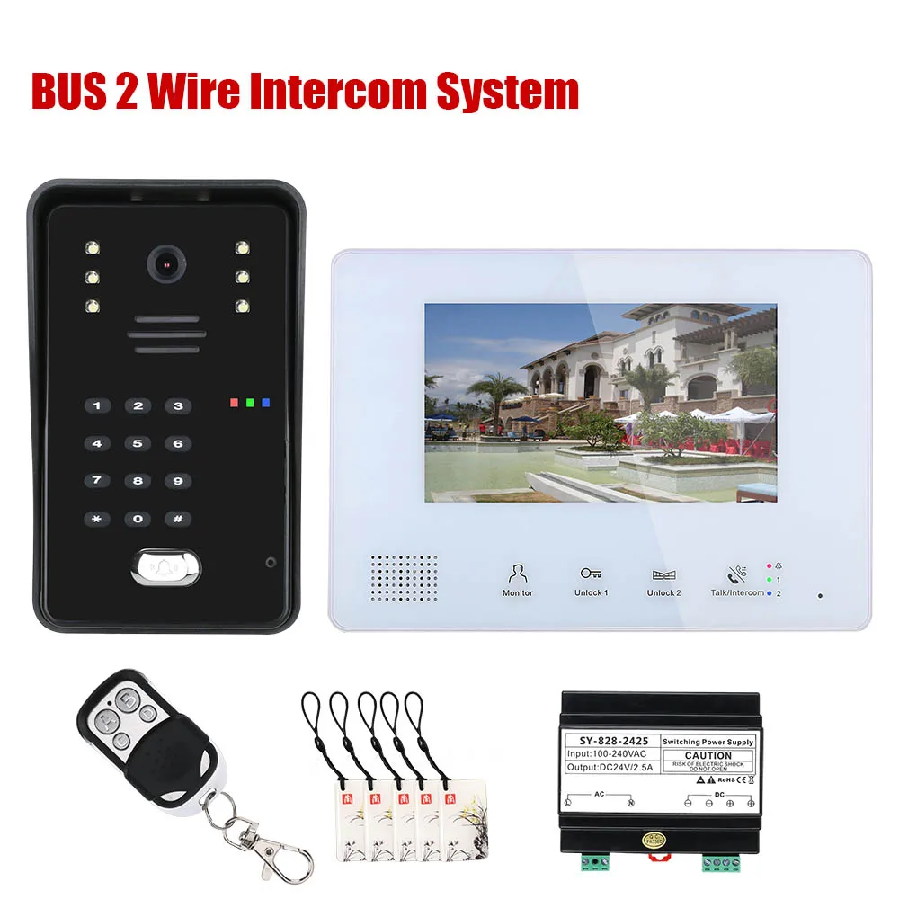 

7 Inch 1/2/3/4 Monitor BUS 2 Wire RFID Video Door Phone Intercom systems for Code Keypad RFIC Camera home Access Control System