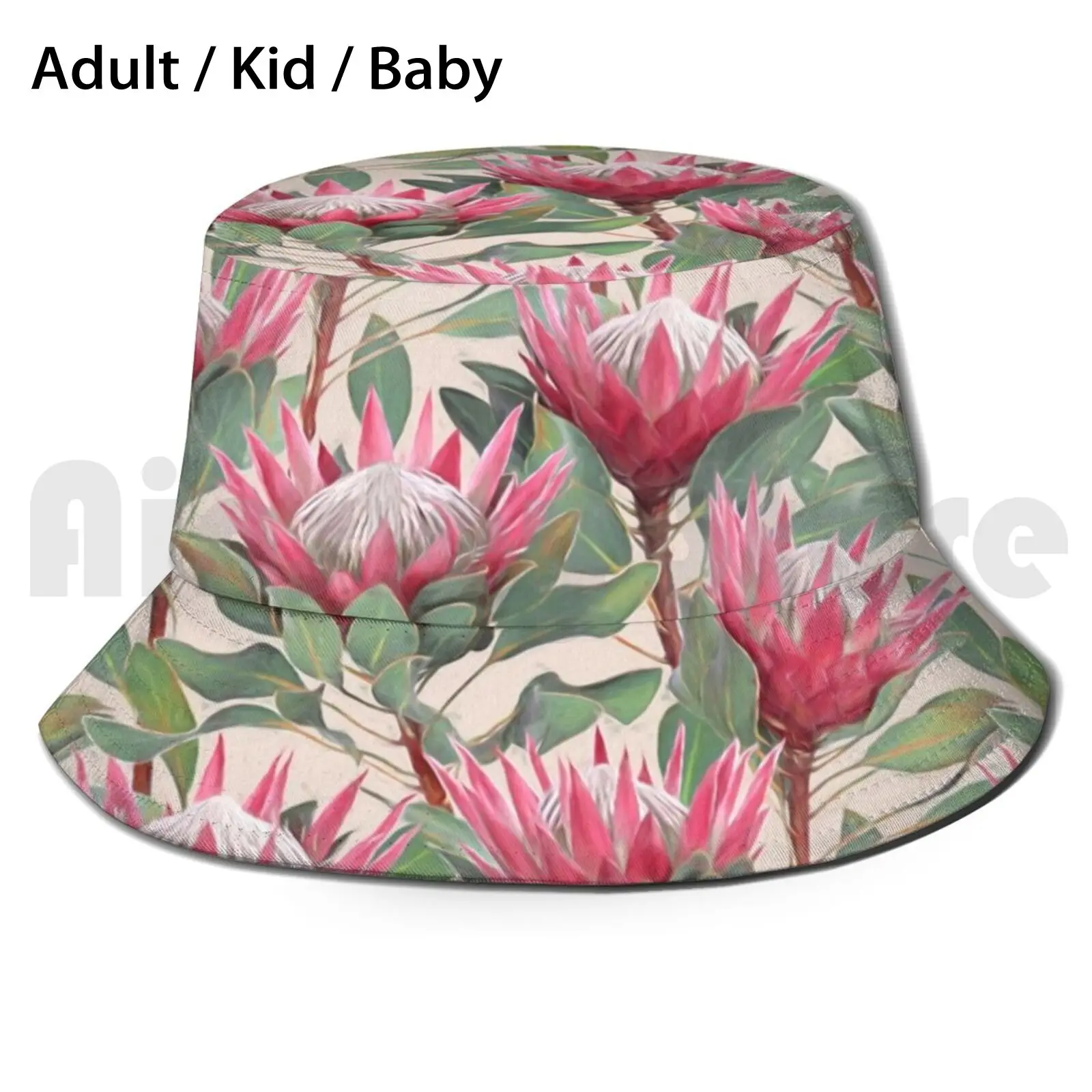 Painted King Proteas On Cream Sun Hat 2448 Bucket Hat Protea King Proteas Floral Flower Pattern Painted