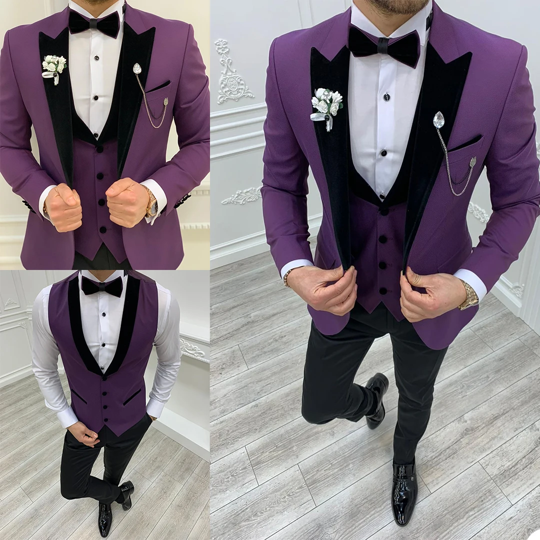 

Handsome Men Tuxedos Custom Made Peaked Lapel Suits One Button Daily Wedding Groomsmen Party Prom 3 Pieces Set