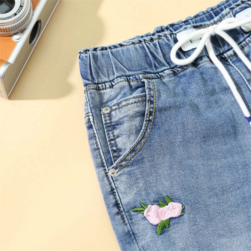 Vrouwen Lente Zomer Elastische Taille Borduurwerk Jeans Vrouwelijke Enkellange Denim Broek Kantoor Dame Baggy Losse Casual Broek