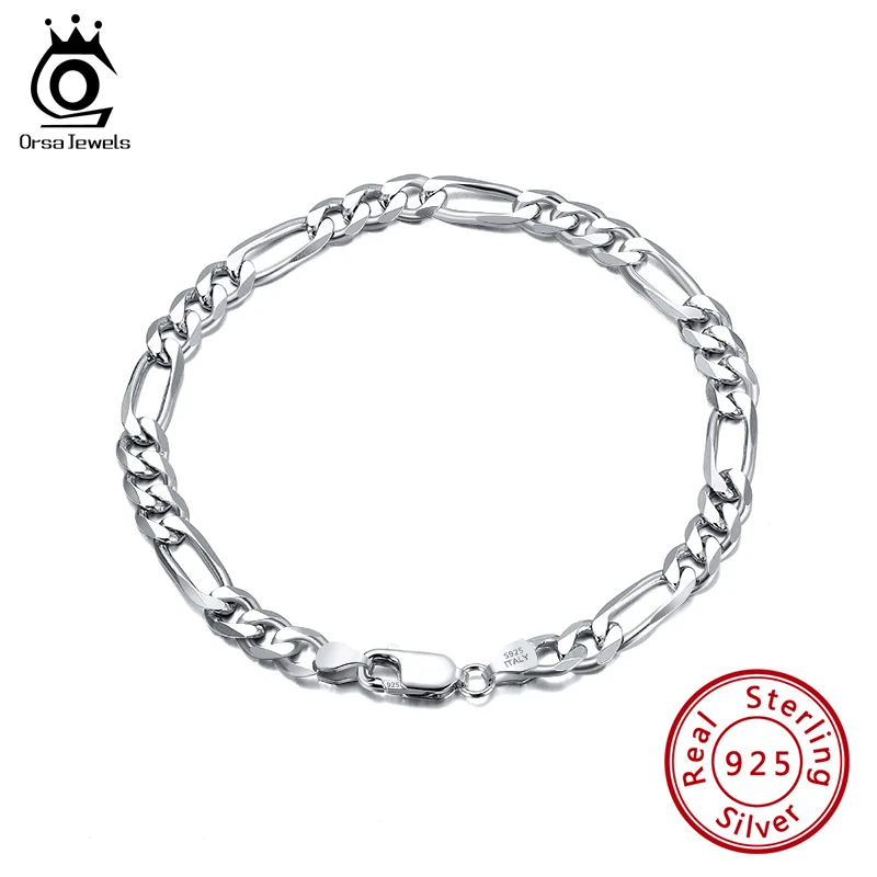ORSA JEWELS Italian 925 Sterling Silver Men Bracelet 5.0mm Diamond-Cut Figaro Chain Bracelet for Women Wide Thick Bracelet SB66