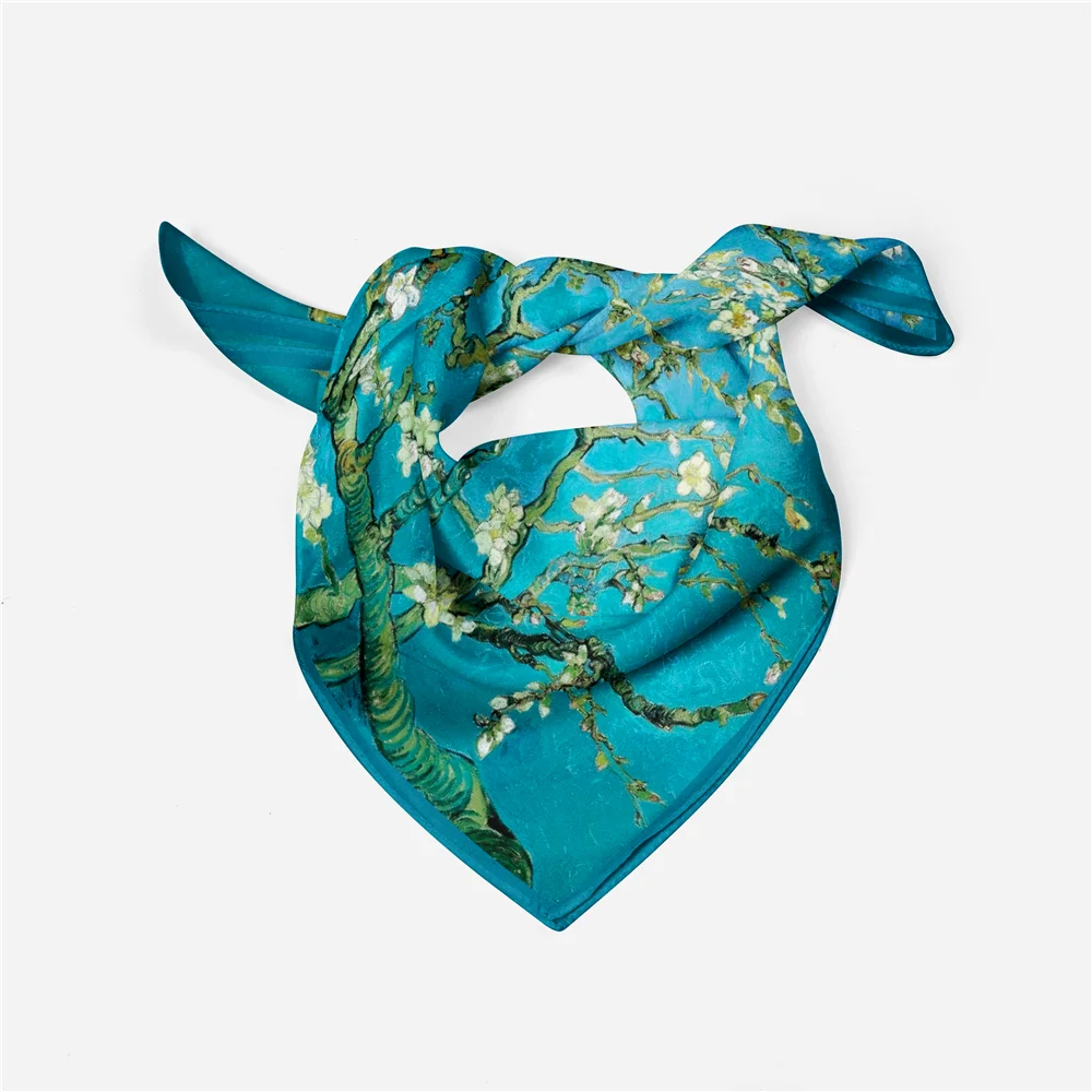 Twill Silk Scarf Woman Van gogh Oil Painting Square Scarves Wraps Bandana Small Hijab Foulards Tie Headband Neckerchief 53CM