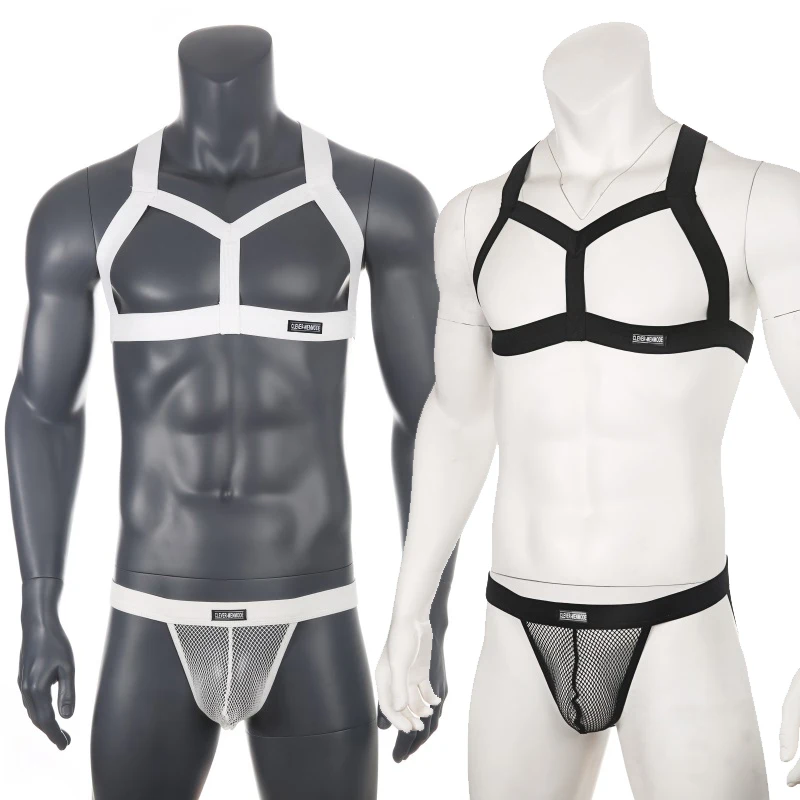 CLEVER-MENMODE Männer Körper Chest Harness Set Elastische Schulter Gurt Mesh Tanga G String Suspensorium Bühne Kostüm Sexy Bondage