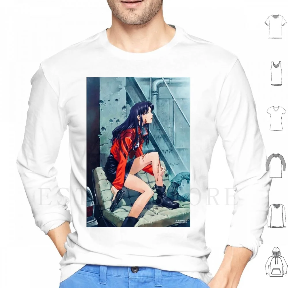 Eva Misato sudaderas con capucha Anime Manga Eva Misato pistola chica mujer sangre herida lesiones triste el final de