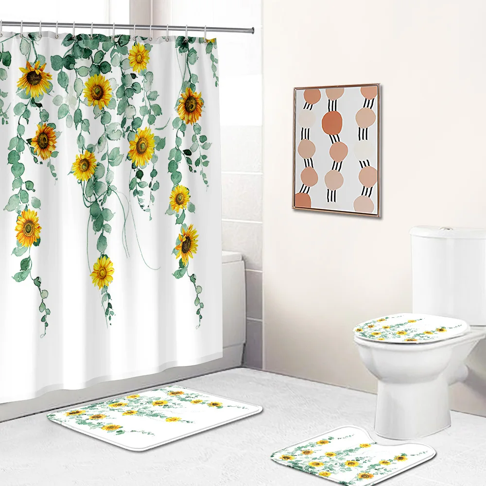 Nordic Sunflower Shower Curtain Bath Mat Set Carpet Waterproof And Mildewproof Bathing Partition Polyester Bath Accessories