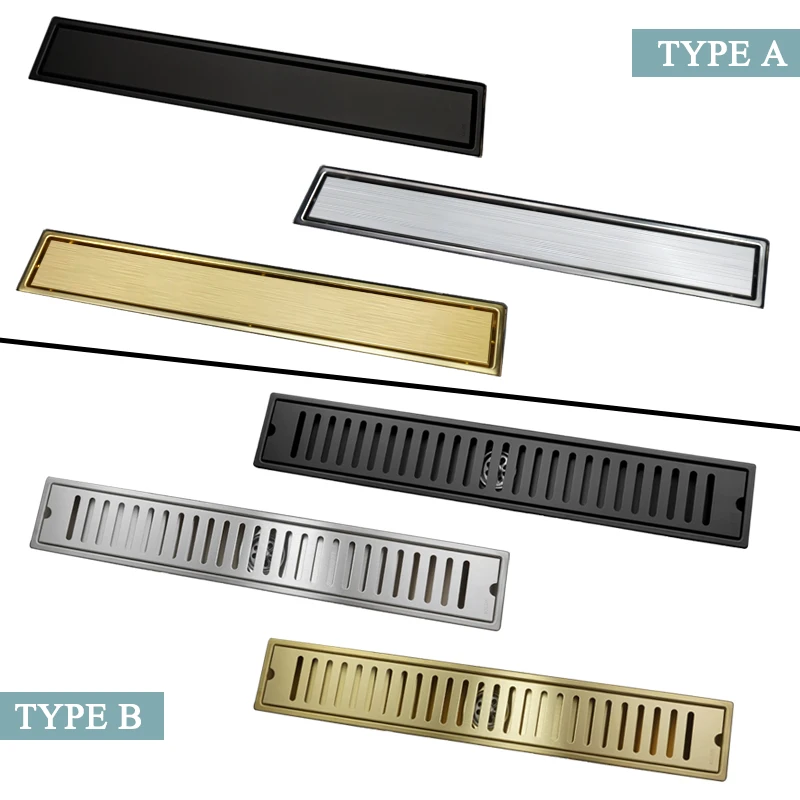 Bathroom Shower Drain Floor Shower Tile Insert Drain 304 Stainless Steel Shower Floor Long Linear Drainage Channel Black Gold