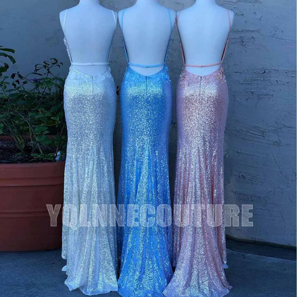 YQLNNE Beauty Long Sequined Prom Dresses Mermaid Sexy Straps Flowers Appliques Left Slit Backless Floor Length Party Gown