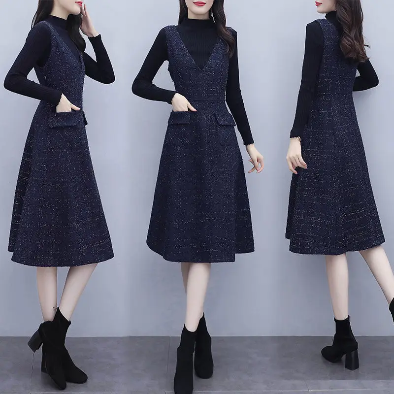 Women's Sweater Shirt + Tweed Vest Dress Fall Winter Fashion Temperament Waistcoat Dress Two Piece Set Outfits y1012