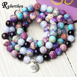 Ruberthen New Design Natural Stone 108 Mala Bracelet for Women Meditation Buddhist Yoga Mala  Lotus Charm Bracelet