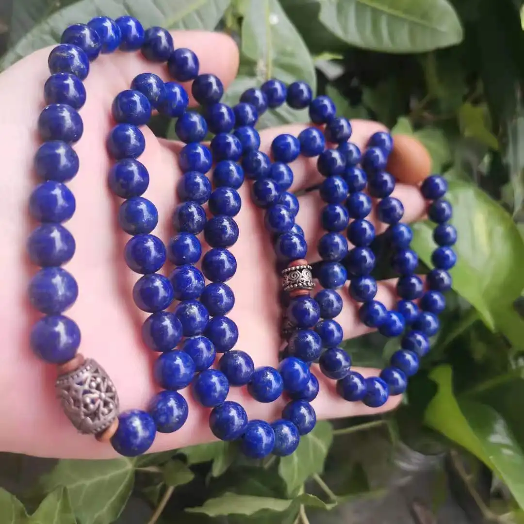 Natural lapis lazuli silver olive core multi-circle bracelet Necklac rosary Buddha 108 bead Man Woman Jewelrye pulseiras feminin