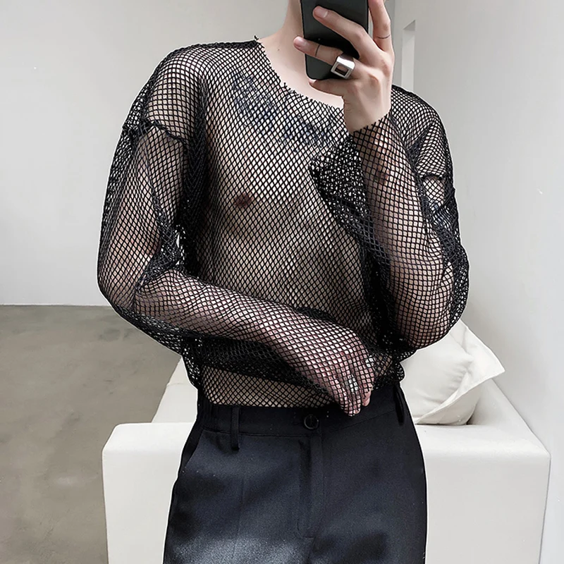 Night club trendy young men\'s mesh perspective dress sexy bottoming shirt Korean men\'s loose Lace Long Sleeve T-Shirt Top