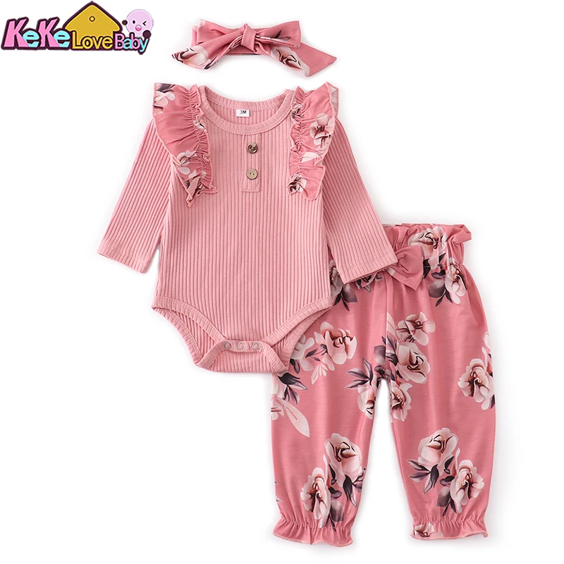 Infant Newborn Baby Girl Clothes Sets Knitting Ruffles Solid Romper Tops Floral Pants Headband For Baby Outfit Set Spring Autumn