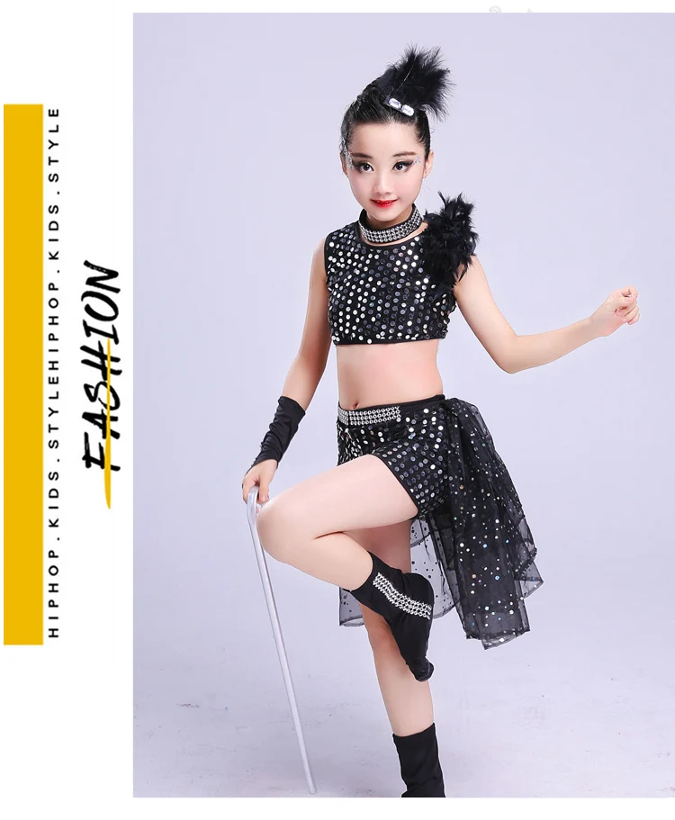 Girl Jazz Dance For Girls Jazz Dance Costumes for Kids Hip Hop Dancing Child Sequins Stage Performance Black Hip Hop Costumes