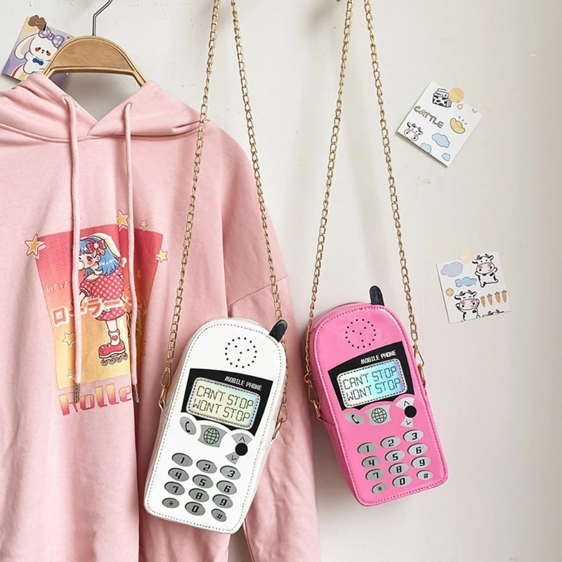 面白い携帯電話の形をした女性のハンドバッグ,チェーン付きの小さなショルダーバッグ,防水,漫画のデザイン