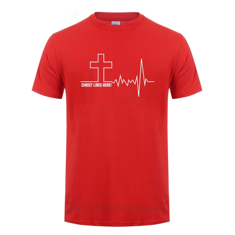 Christ Lives Here Cross Heartbeat Christian Jesus Faith Inspirational T Shirt T-Shirt For Men Male Short Sleeve Cotton Tshirt