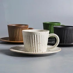 Retro Ceramic Coffee Cup And Saucer Set 150ml Japanese Vertical Grained Rough Pottery Reusable Coffee Cup Cafe Tazas Latte Cup