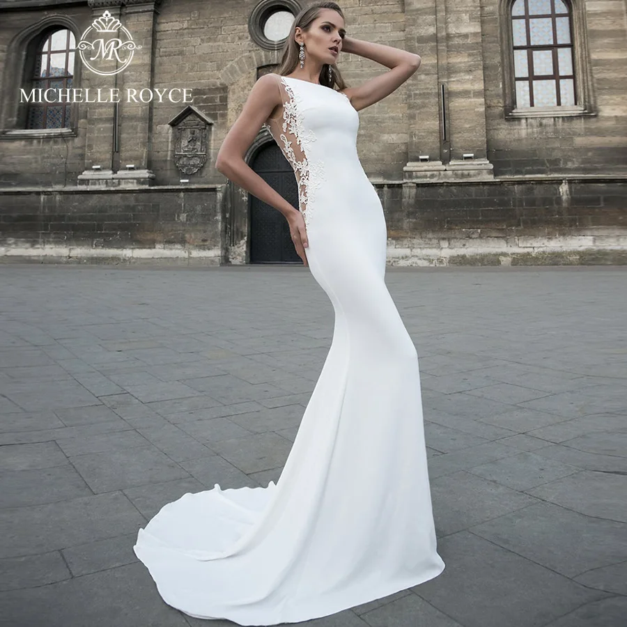 Michelle Royce Zeemeermin Trouwjurken Elegant Scoop Cut-Out Applicaties Sierlijke Knop Hof Trein Bruidsjurken Vestido De Novia