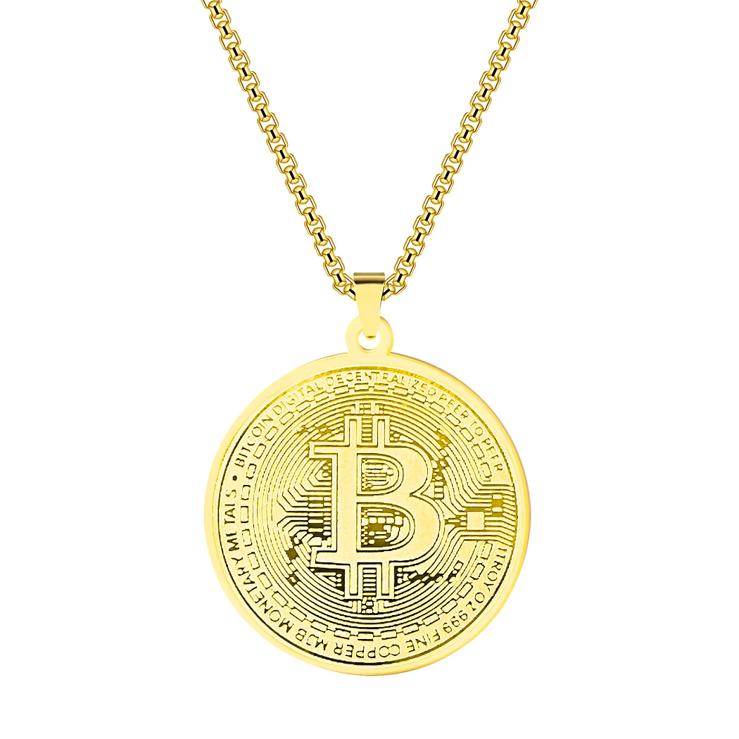 Bitcoin Pendant Women Men Gold Plated Circle Bitcoin Pendant Necklace Bitcoin Charm Chain Stainless Steel Female Male Gift