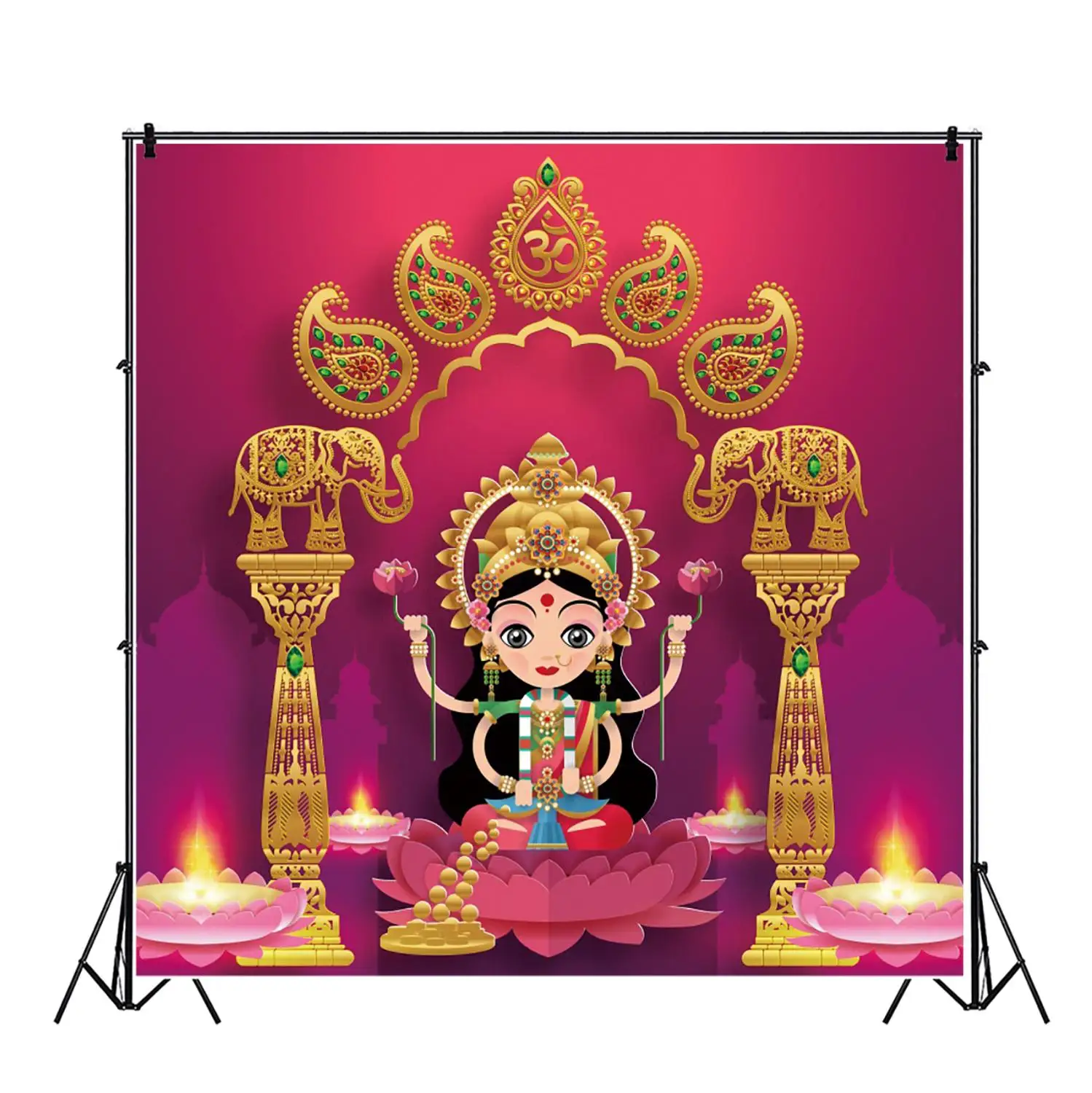 Laeacoo Diwali Festival Wall Hanging Gold Sparkly Red Backdrop Candle Elephant Blessing Photography Backdrop Photo Background