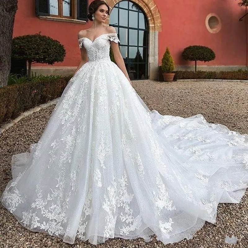 Vestidos de novia de línea A de encaje con hombros descubiertos de princesa modesta, vestidos de novia con apliques, vestidos de novia de talla grande