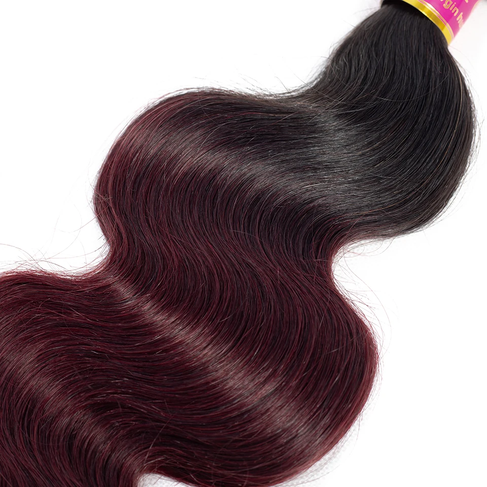 1B/99J Body Wave 30inch Bundle With Closure 3/4 PCS Wine Red Ombre Human Hair Brazilian Hair Burgundy Bundles With Lace Closure