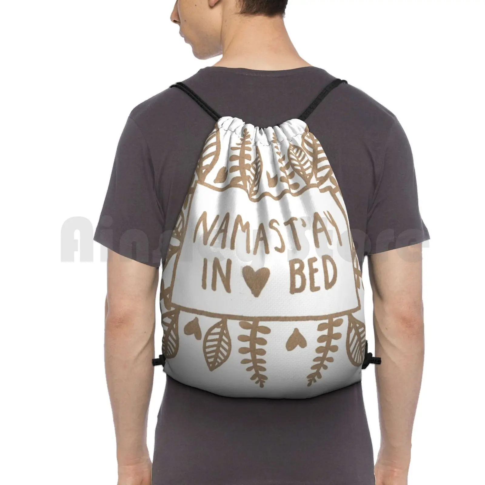 

Namast'Ay In Bed Backpack Drawstring Bag Riding Climbing Gym Bag Namaste Pattern Typography Humour Quotes